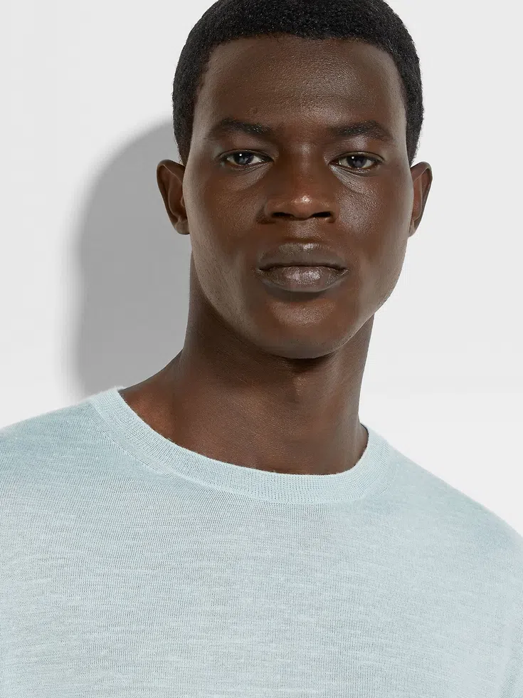 Light Blue Mélange Silk Cashmere and Linen Crewneck Light Blue Mélange Silk Cashmere and Linen Crewneck