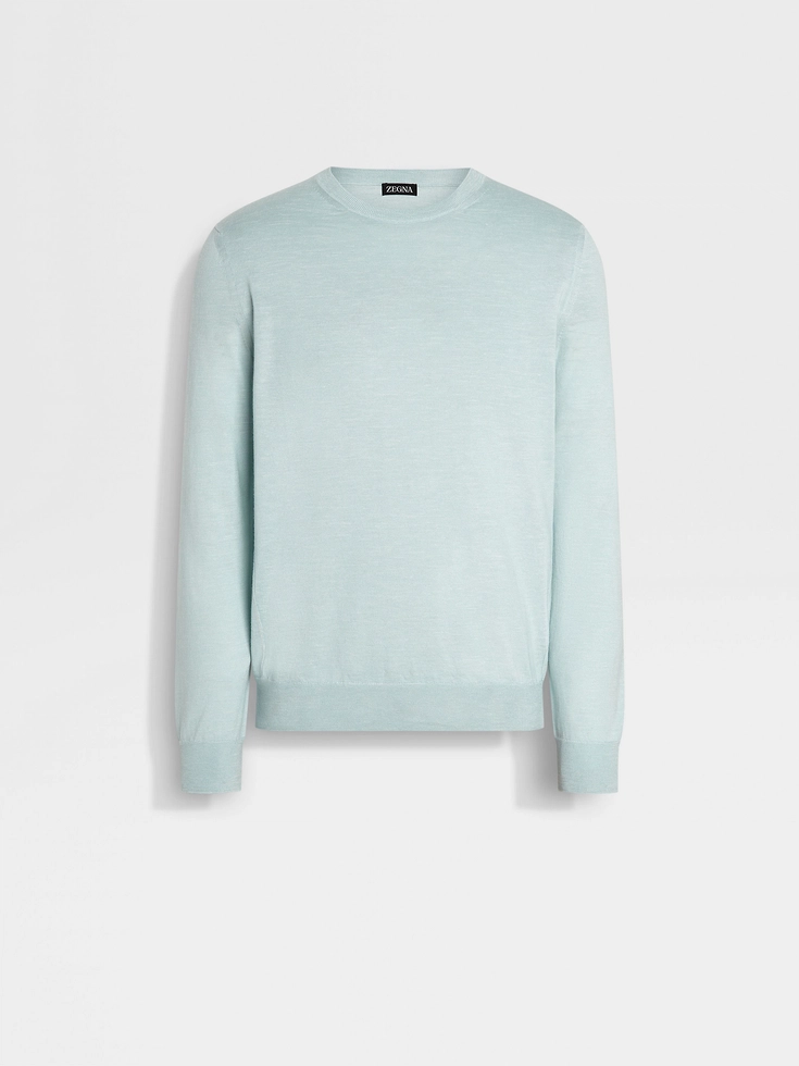 Light Blue Mélange Silk Cashmere and Linen Crewneck Light Blue Mélange Silk Cashmere and Linen Crewneck
