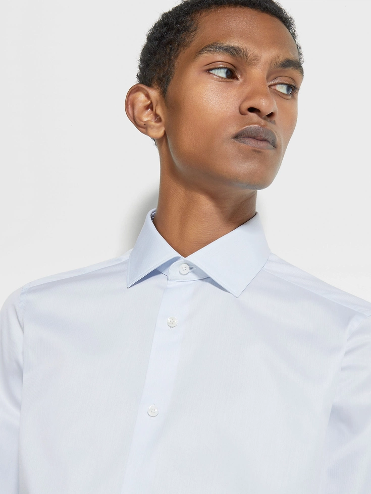 Light Blue Structured Micro-striped Trecapi Cotton Shirt