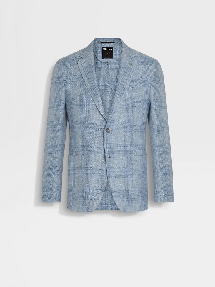 Light Blue and Blue Crossover Linen Wool and Silk Jacket