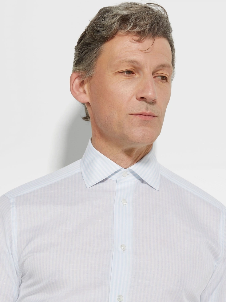 Light Blue and White Striped Centoventimila Cotton and Linen Shirt