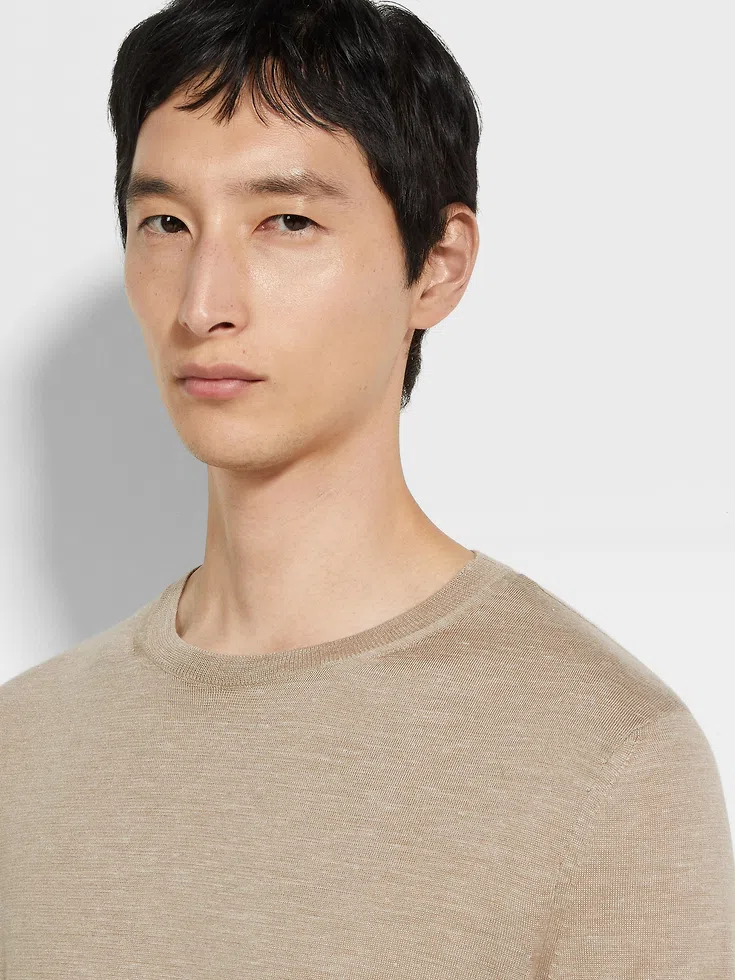 Light Taupe Mélange Silk Cashmere and Linen Crewneck