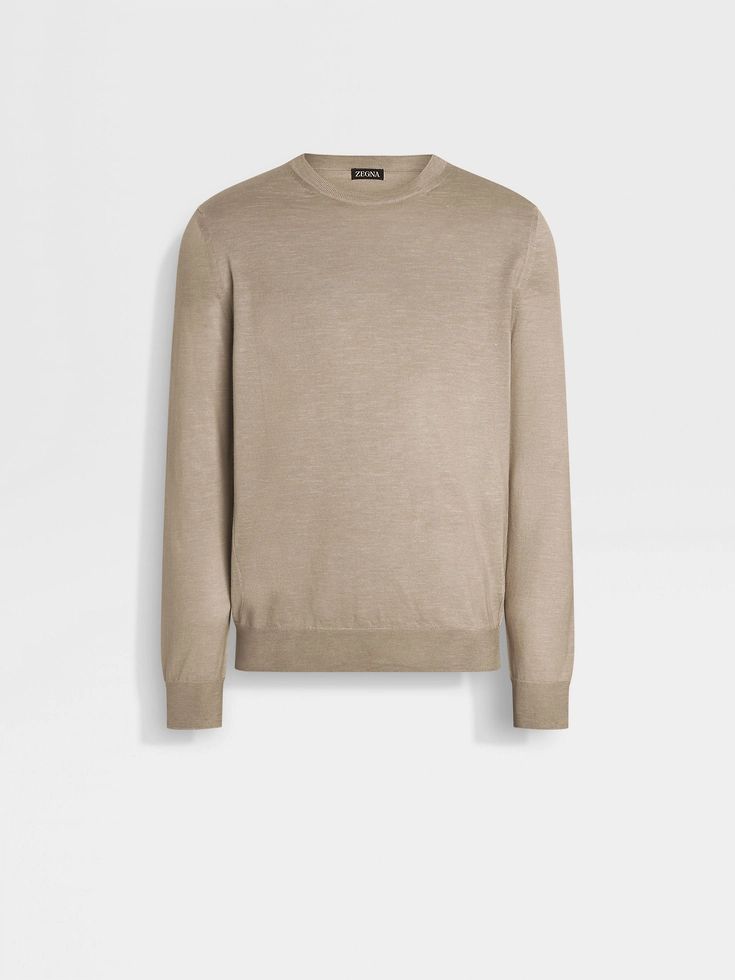 Light Taupe Mélange Silk Cashmere and Linen Crewneck