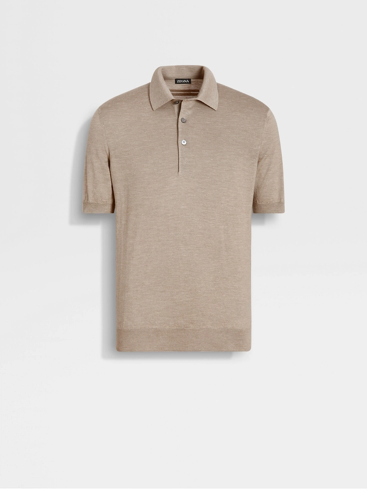 Light Taupe Mélange Silk Cashmere and Linen Polo Shirt