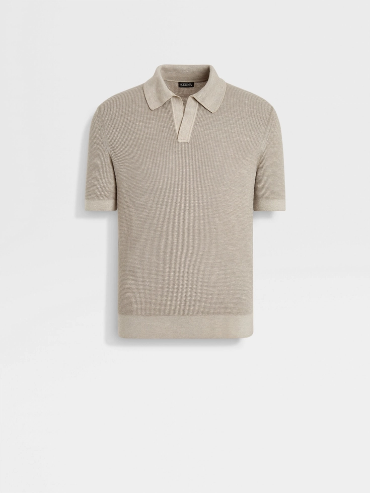 Light Taupe Mélange Silk Cashmere and Linen Polo Shirt