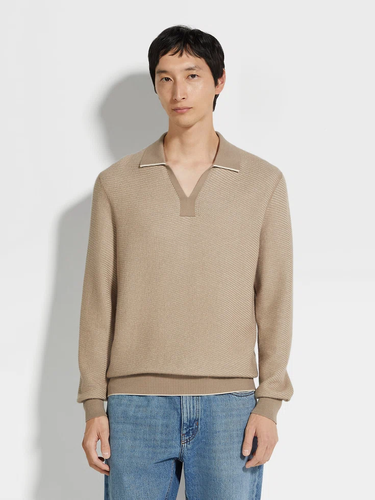 Light Taupe Silk and Cashmere Polo Shirt Light Taupe Silk and Cashmere Polo Shirt