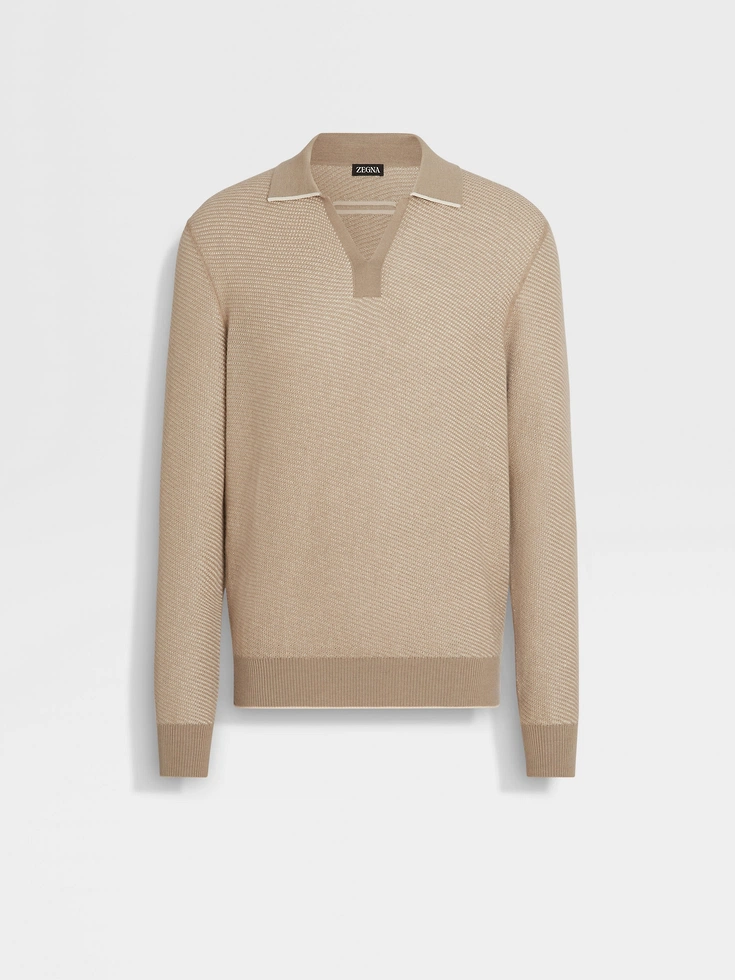 Light Taupe Silk and Cashmere Polo Shirt