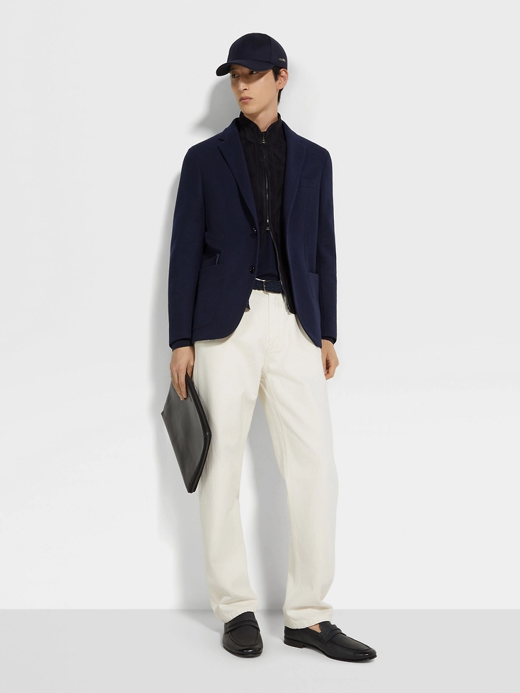 Navy Blue High Performance™ Jersey Wool and Cotton Jacket