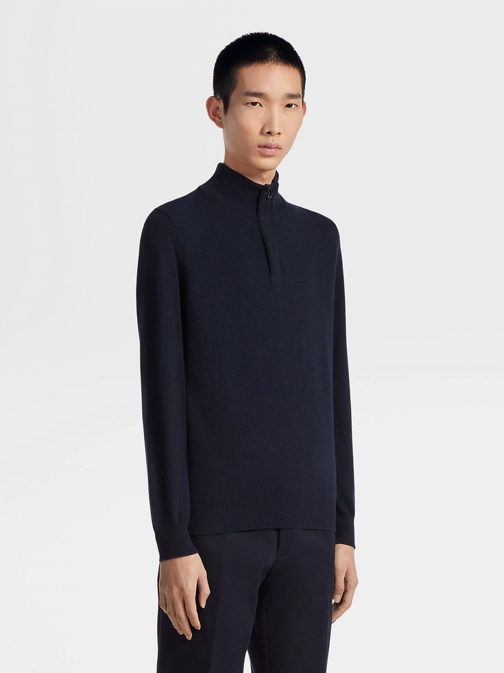 Navy Blue Mélange Oasi Cashmere Zip Mock Neck Sweater
