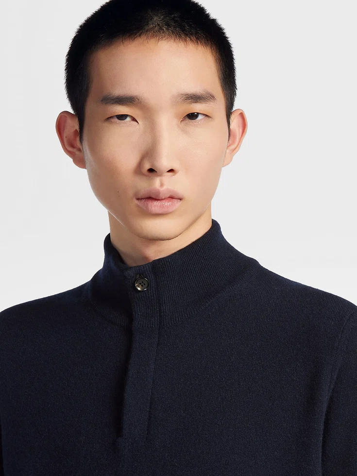 Navy Blue Mélange Oasi Cashmere Zip Mock Neck Sweater Navy Blue Mélange Oasi Cashmere Zip Mock Neck Sweater