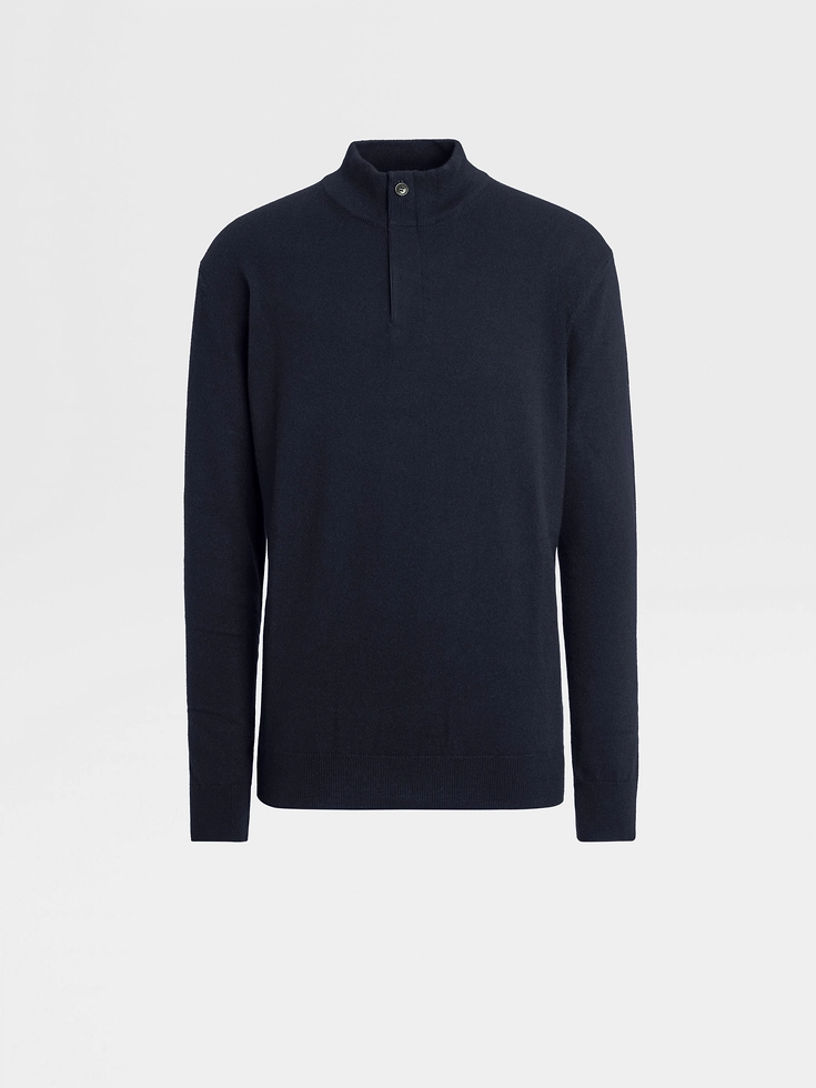 Navy Blue Mélange Oasi Cashmere Zip Mock Neck Sweater
