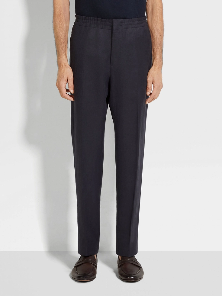 Navy Blue Oasi Lino Blue Flower Pants Navy Blue Oasi Lino Blue Flower Pants