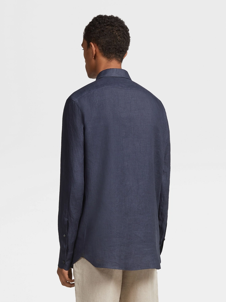 Navy Blue Pure Linen Long-sleeve Shirt Navy Blue Pure Linen Long-sleeve Shirt