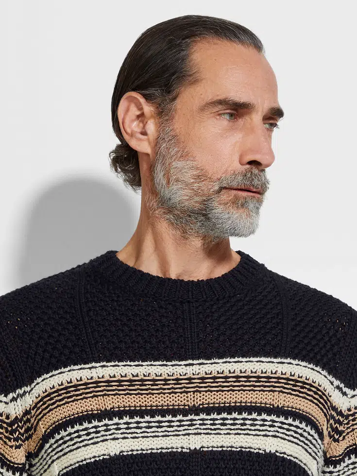 Navy Blue White and Light Beige Cotton Silk and Linen Crewneck