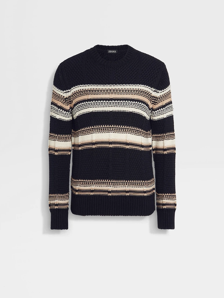 Navy Blue White and Light Beige Cotton Silk and Linen Crewneck