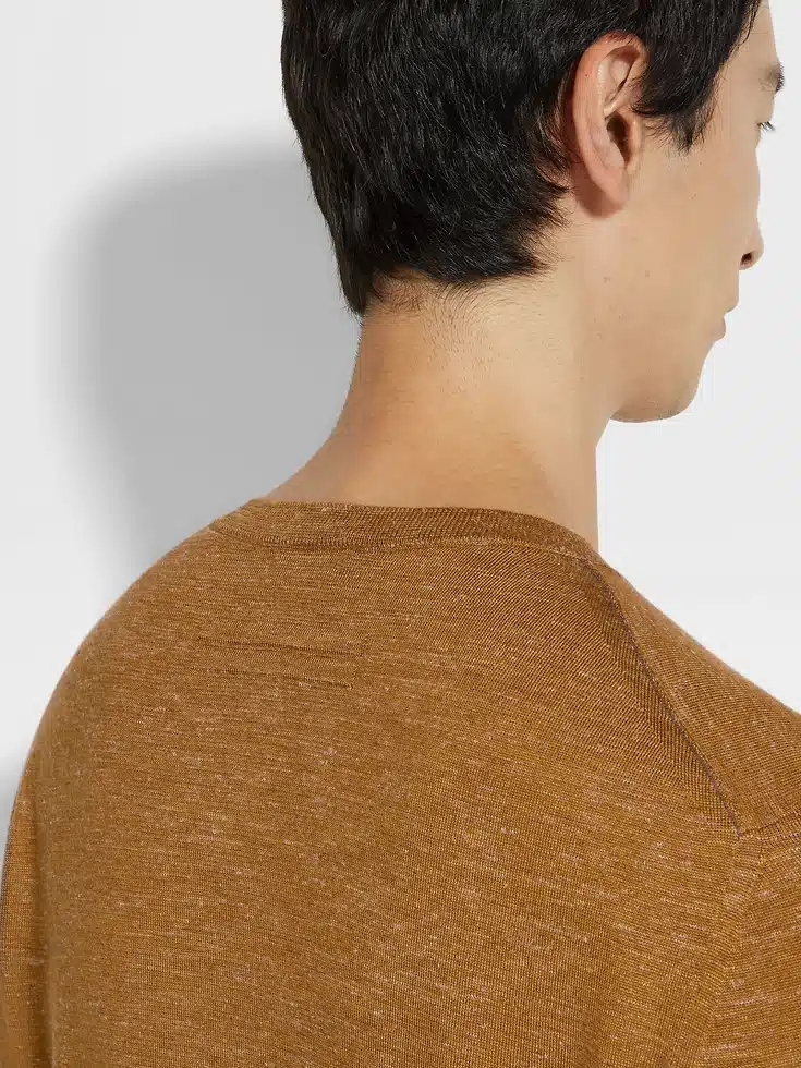 Ochre Mélange Silk Cashmere and Linen Crewneck