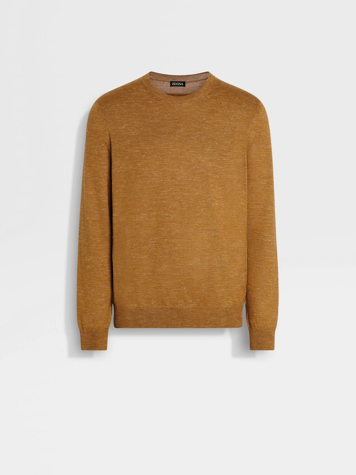 Ochre Mélange Silk Cashmere and Linen Crewneck
