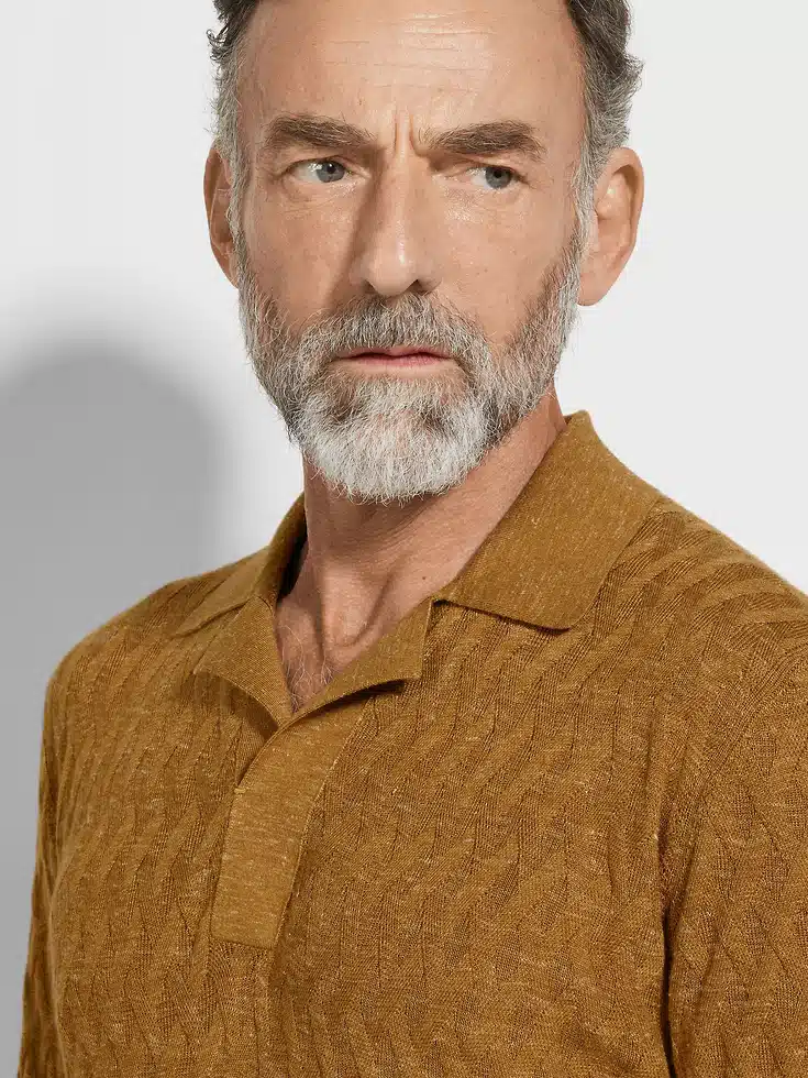 Ochre Mélange Silk Cashmere and Linen Polo Shirt