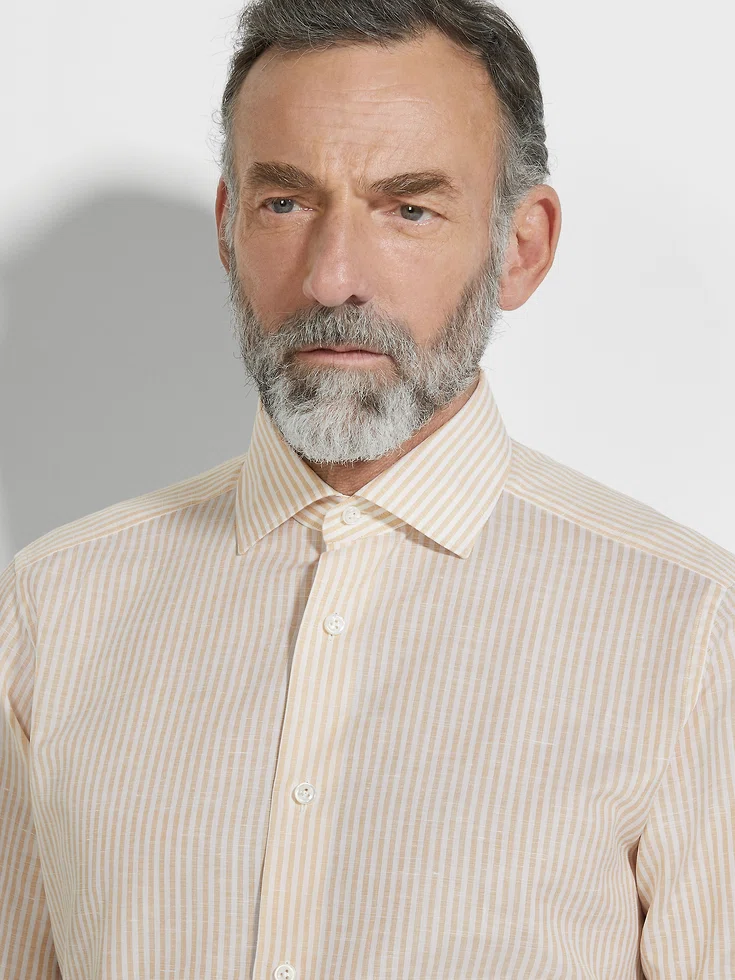 Ochre and White Striped Centoventimila Cotton and Linen Shirt