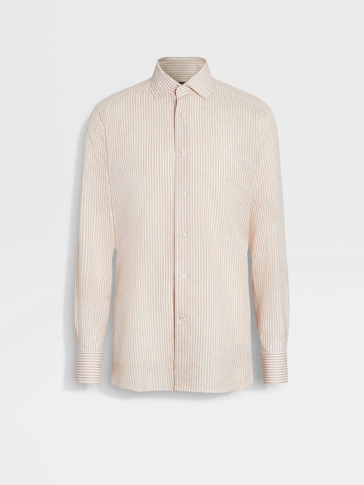 Ochre and White Striped Centoventimila Cotton and Linen Shirt