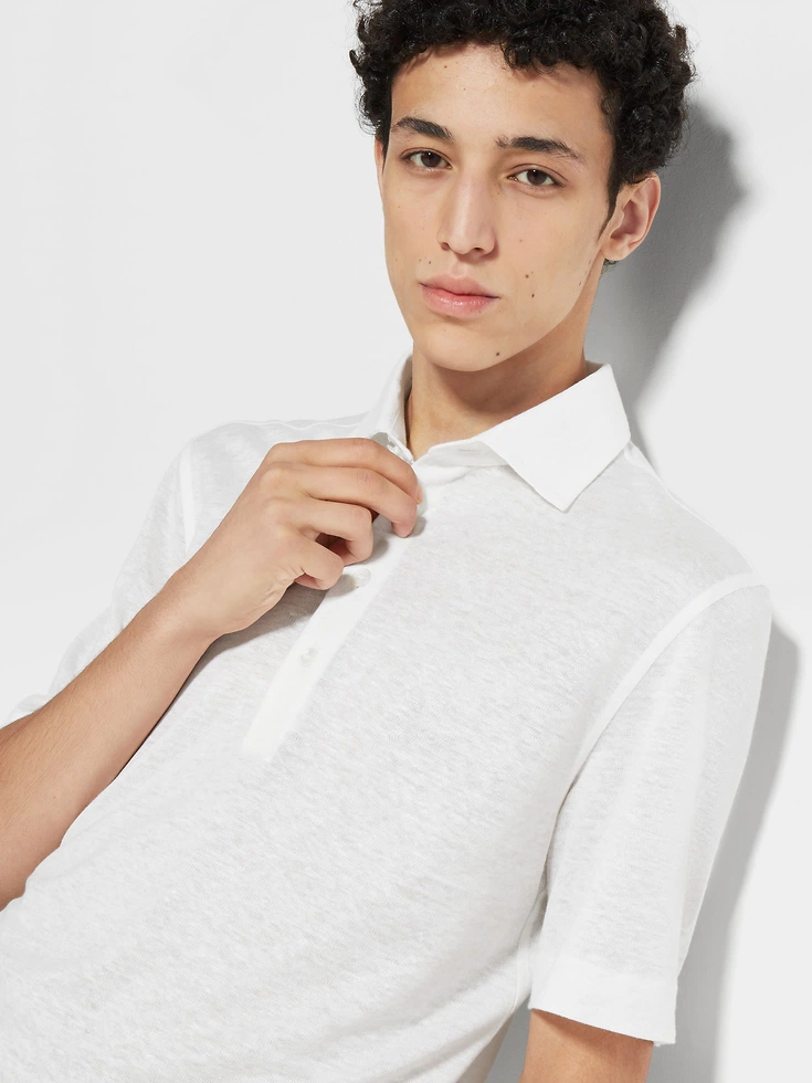 Optical White Linen Polo Shirt