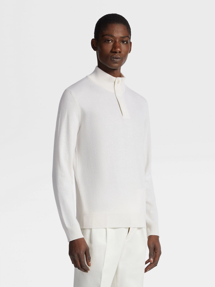 White Mélange Oasi Cashmere Zip Mock Neck Sweater