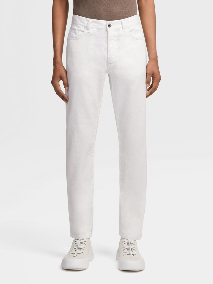 White Stretch Linen and Cotton Jeans