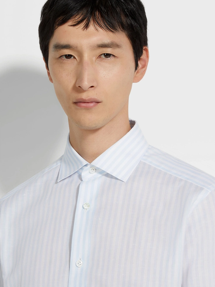 White and Light Blue Macro-striped Centoventimila Cotton and Linen Shirt