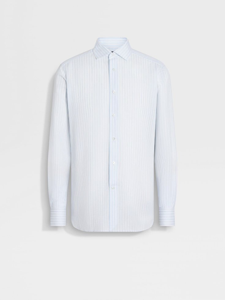 White and Light Blue Macro-striped Centoventimila Cotton and Linen Shirt