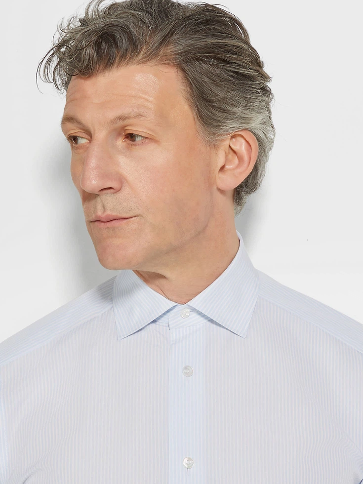 White and Light Blue Striped Sea Island Cotton Shirt