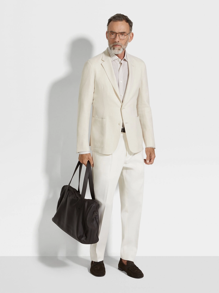 White and Light Taupe Macro-striped Centoventimila Cotton and Linen Shirt