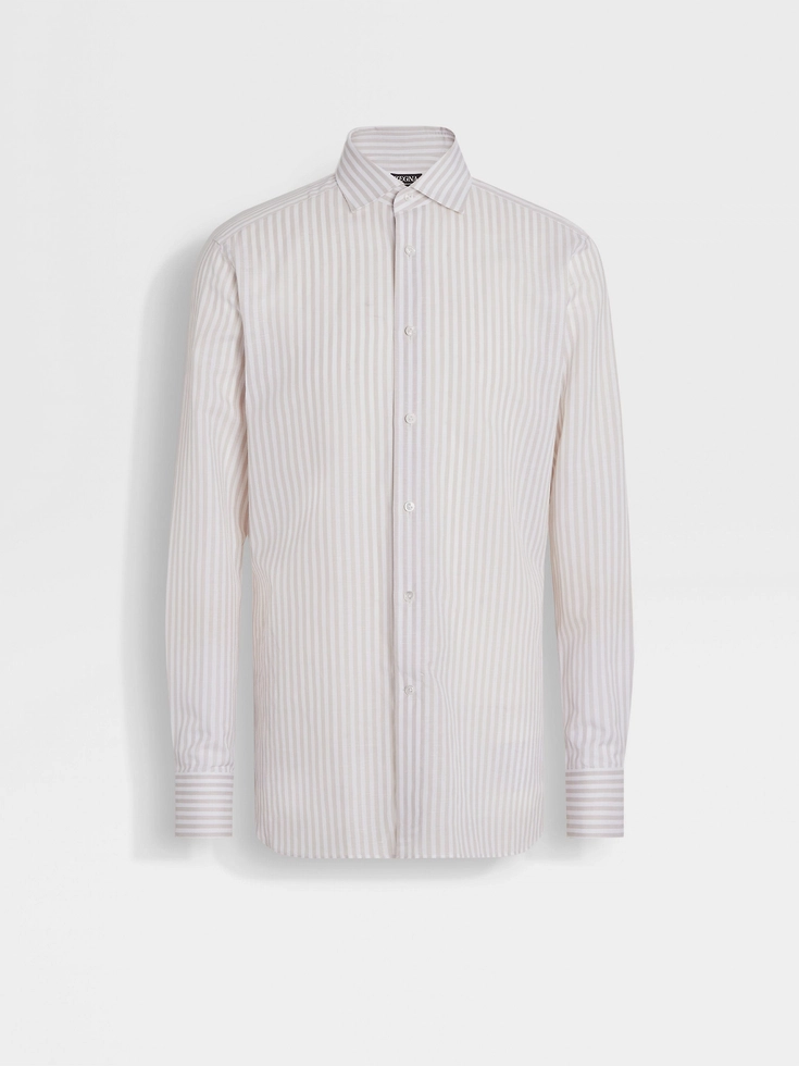 White and Light Taupe Macro-striped Centoventimila Cotton and Linen Shirt