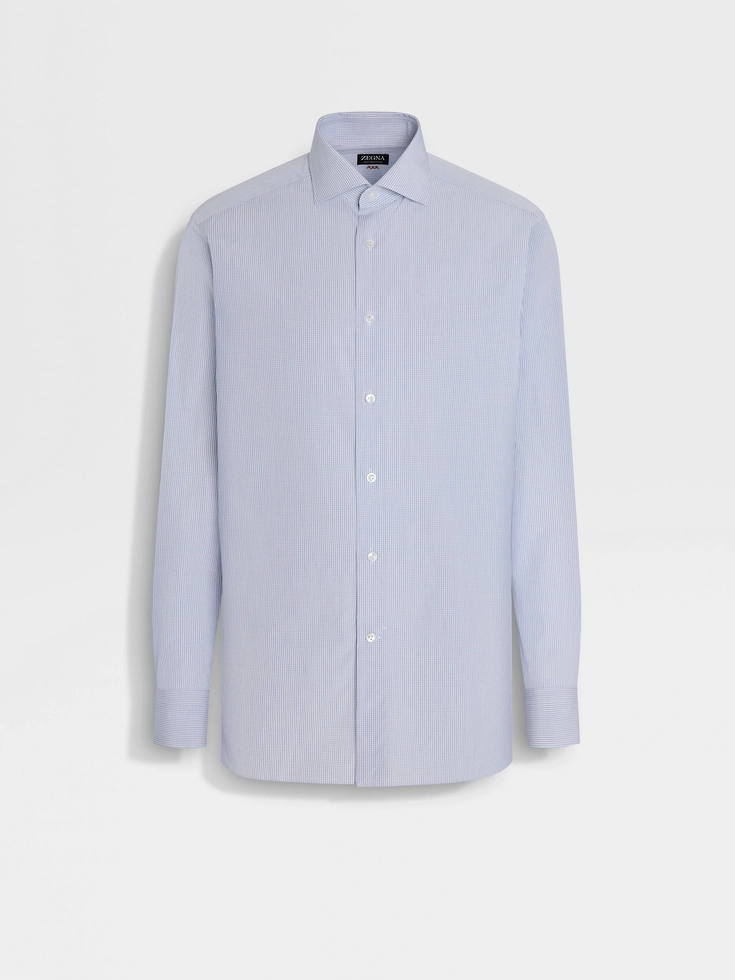 White and Navy Blue Micro-checked Centoventimila Cotton Shirt