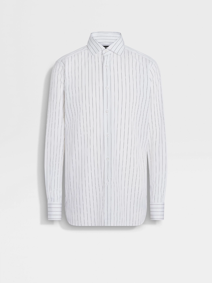 White and Navy Blue Pinstriped Centoventimila Cotton Shirt