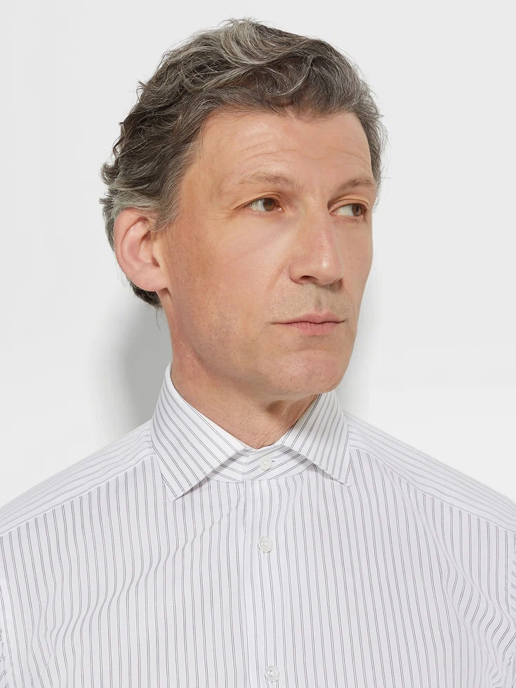 White and Navy Blue Structured Striped Centoventimila Cotton Shirt