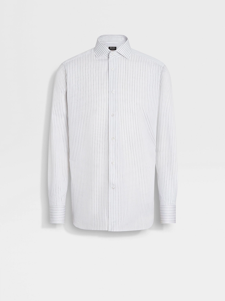 White and Navy Blue Structured Striped Centoventimila Cotton Shirt